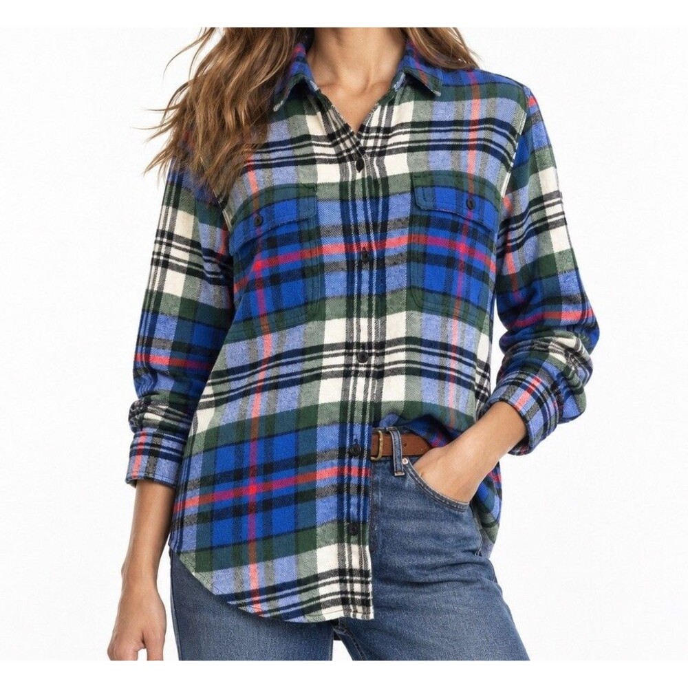 Madewell Ex Boyfriend Plaid Flannel Shirt Larchmont Pockets Size S Blue Green